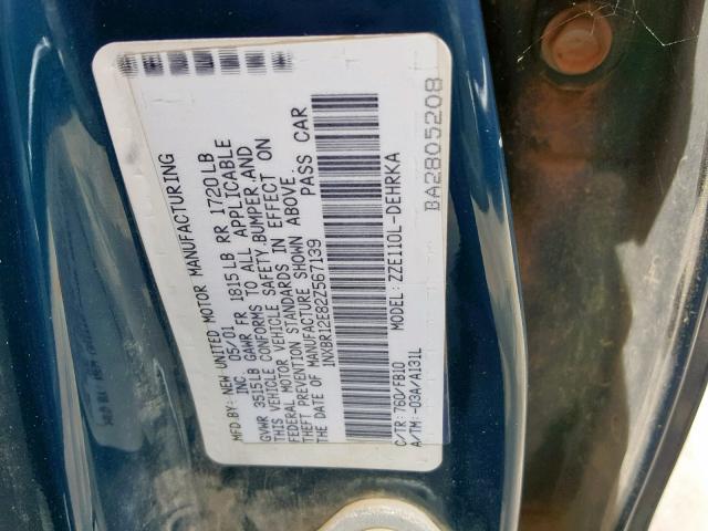 1NXBR12E82Z567139 - 2002 TOYOTA COROLLA CE BLUE photo 10