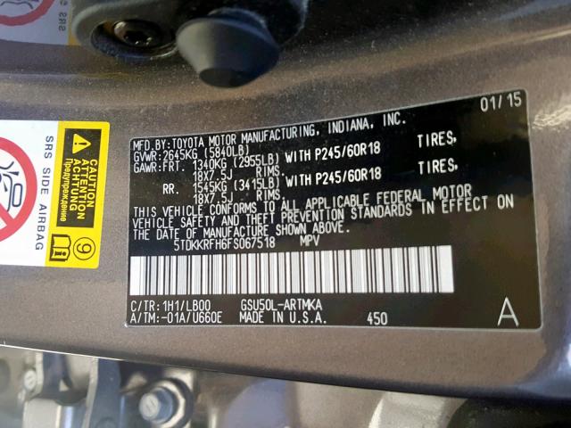 5TDKKRFH6FS067518 - 2015 TOYOTA HIGHLANDER GRAY photo 10