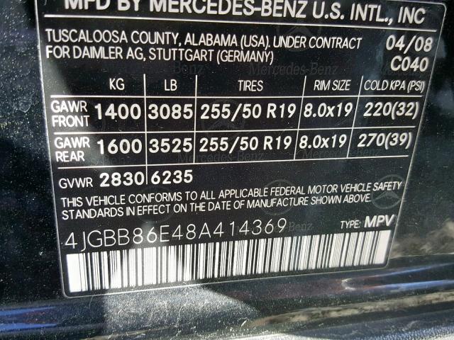 4JGBB86E48A414369 - 2008 MERCEDES-BENZ ML 350 BLACK photo 10