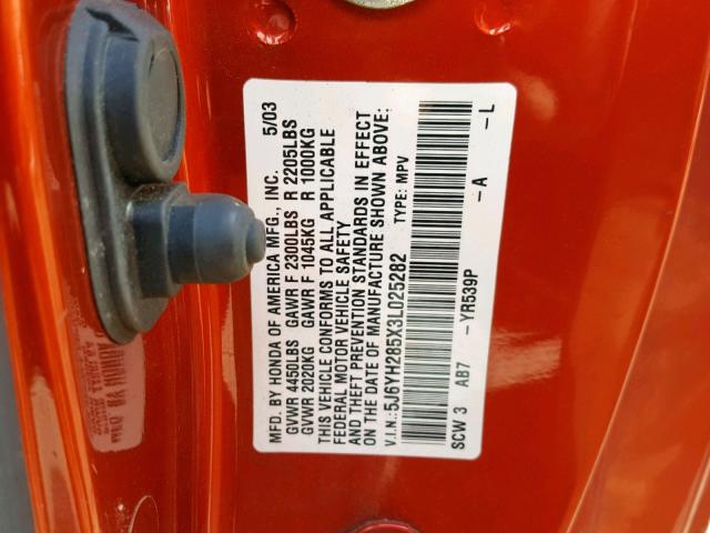 5J6YH285X3L025282 - 2003 HONDA ELEMENT EX ORANGE photo 10