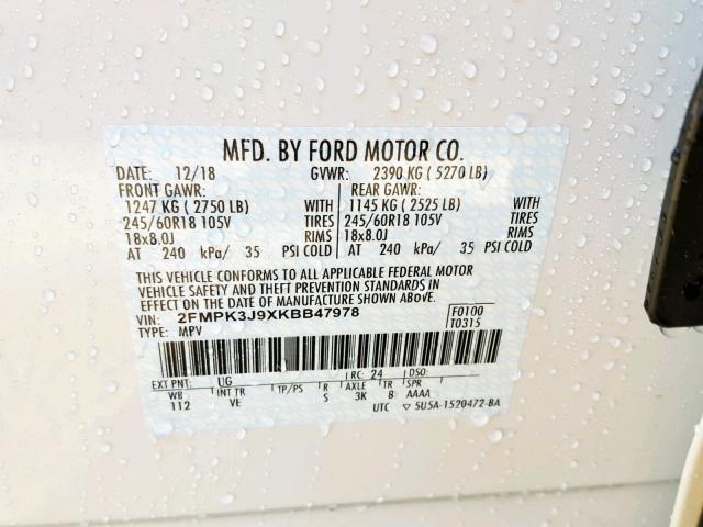 2FMPK3J9XKBB47978 - 2019 FORD EDGE SEL WHITE photo 10