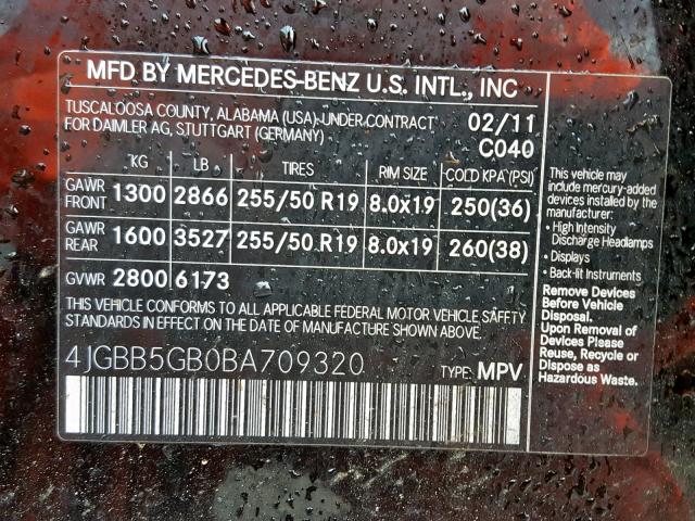 4JGBB5GB0BA709320 - 2011 MERCEDES-BENZ ML 350 BLACK photo 10