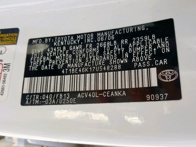 4T1BE46K17U548288 - 2007 TOYOTA CAMRY NEW WHITE photo 10