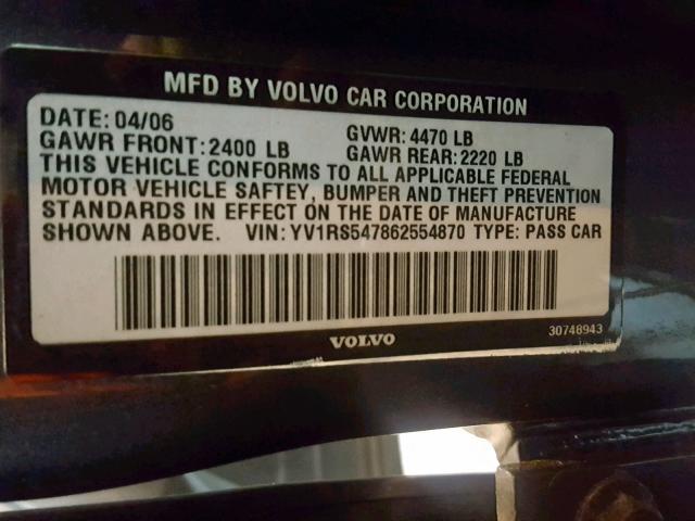 YV1RS547862554870 - 2006 VOLVO S60 T5 GRAY photo 10