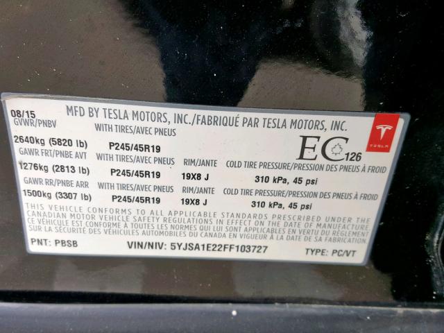5YJSA1E22FF103727 - 2015 TESLA MODEL S Սև լուսանկար 10