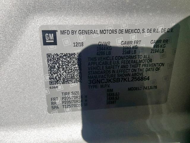 3GNCJKSB7KL256864 - 2019 CHEVROLET TRAX LS SILVER photo 10