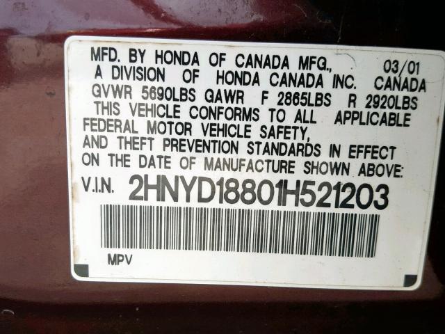 2HNYD18801H521203 - 2001 ACURA MDX TOURIN MAROON photo 10