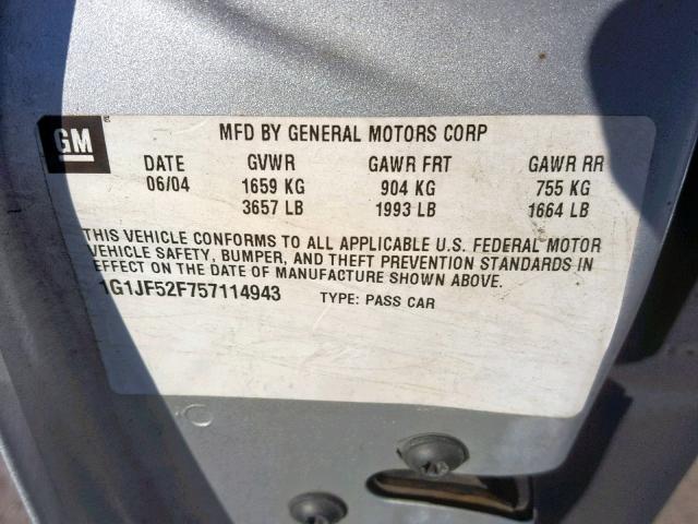 1G1JF52F757114943 - 2005 CHEVROLET CAVALIER L SILVER photo 10