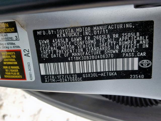 4T1BK3DB2BU406370 - 2011 TOYOTA AVALON BAS SILVER photo 10