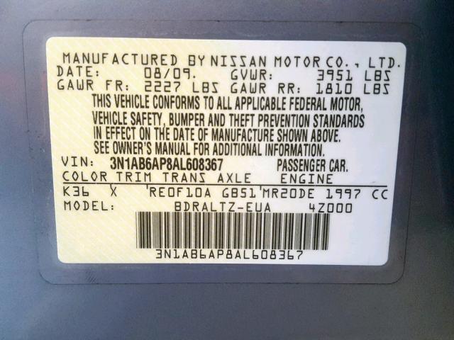 3N1AB6AP8AL608367 - 2010 NISSAN SENTRA 2.0 GRAY photo 10