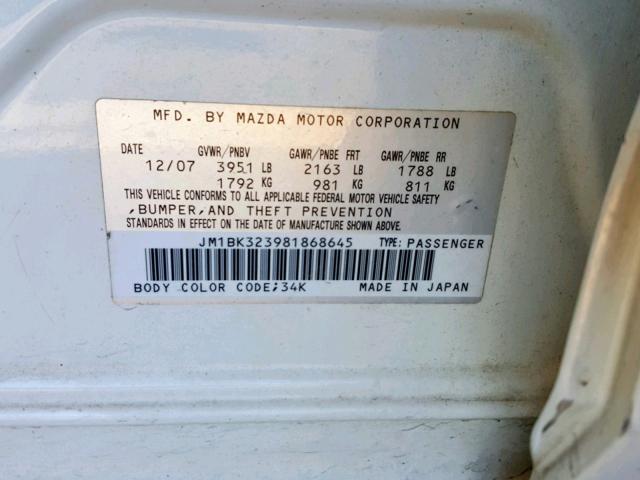 JM1BK323981868645 - 2008 MAZDA 3 S WHITE photo 10