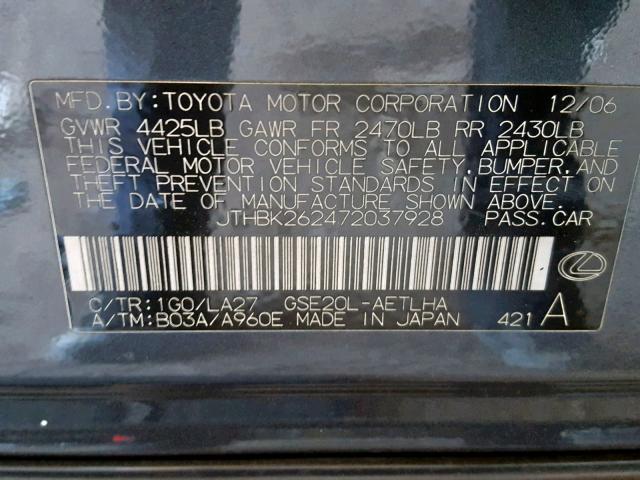 JTHBK262472037928 - 2007 LEXUS IS 250 BLACK photo 10