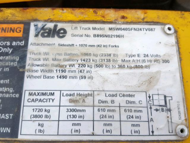 B895N02196H - 2011 YALE FORKLIFT YELLOW photo 10