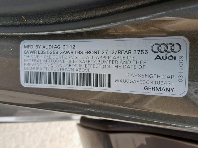 WAUGGAFC3CN109431 - 2012 AUDI A6 PREMIUM GRAY photo 10