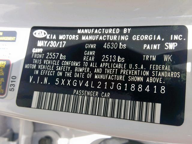 5XXGV4L21JG188418 - 2018 KIA OPTIMA SXL WHITE photo 10