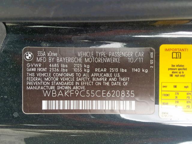 WBAKF9C55CE620835 - 2012 BMW 335 XI BLACK photo 10