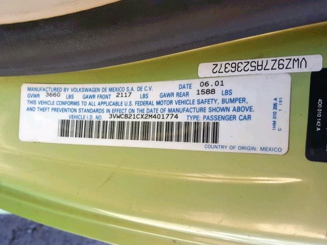 3VWCB21CX2M401774 - 2002 VOLKSWAGEN NEW BEETLE მწვანე ფოტო 10