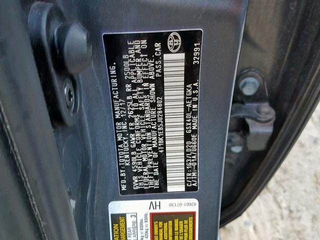 4T1BK1EB5JU284802 - 2018 TOYOTA AVALON XLE GRAY photo 10