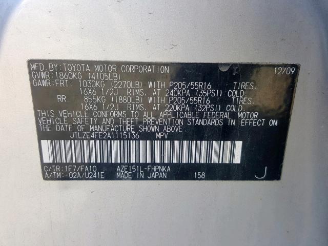 JTLZE4FE2A1115136 - 2010 TOYOTA SCION XB SILVER photo 10