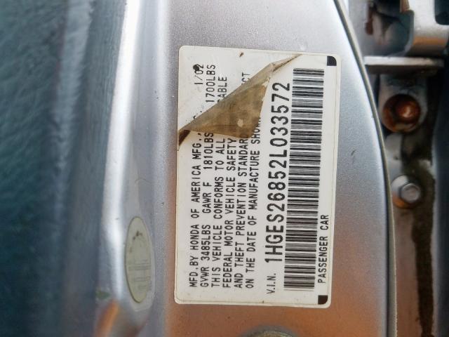 1HGES26852L033572 - 2002 HONDA CIVIC EX  photo 10