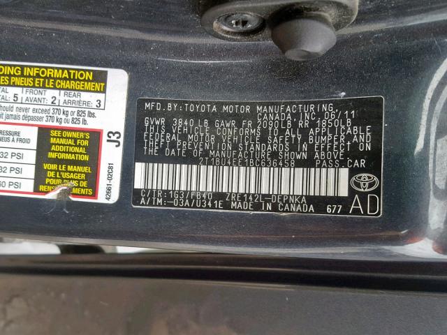 2T1BU4EE1BC636458 - 2011 TOYOTA COROLLA BA GRAY photo 10