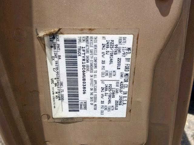 1FTYR10C6WUB03806 - 1998 FORD RANGER BROWN photo 10