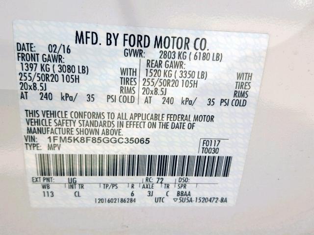 1FM5K8F85GGC35065 - 2016 FORD EXPLORER L WHITE photo 10