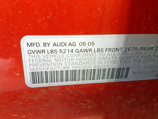 WAUDG74F15N121745 - 2005 AUDI A6 3.2 QUA ORANGE photo 10