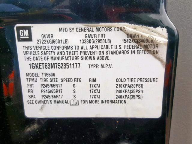 1GKET63M752351177 - 2005 GMC ENVOY DENA BLACK photo 10