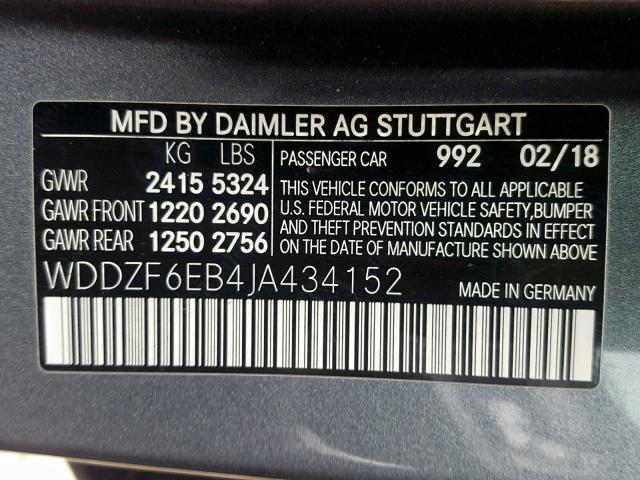 WDDZF6EB4JA434152 - 2018 MERCEDES-BENZ E 43 4MATI GRAY photo 10