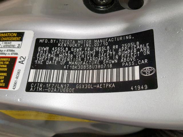 4T1BK3DB5BU380718 - 2011 TOYOTA AVALON BAS SILVER photo 10