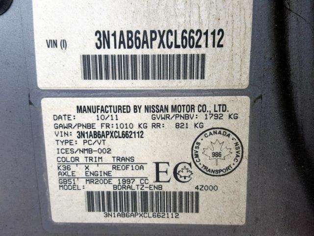 3N1AB6APXCL662112 - 2012 NISSAN SENTRA 2.0 GRAY photo 10