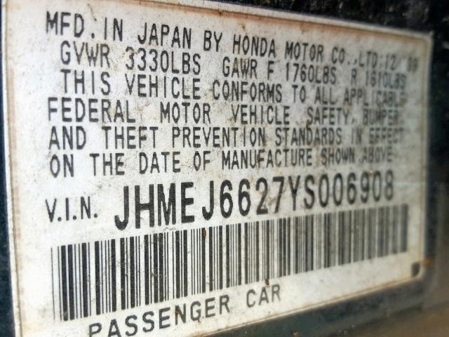 JHMEJ6627YS006908 - 2000 HONDA CIVIC DX GREEN photo 10