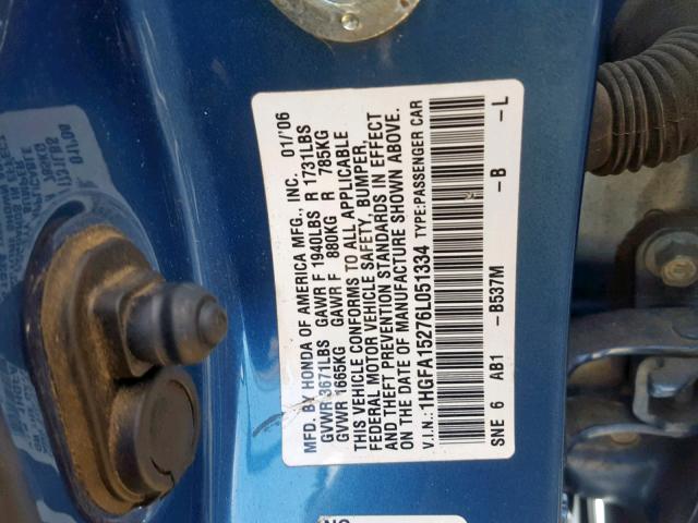 1HGFA15276L051334 - 2006 HONDA CIVIC DX BLUE photo 10