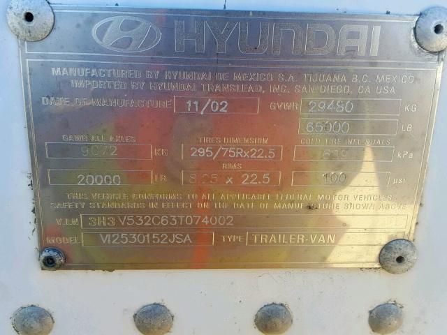 3H3V532C63T074002 - 2003 HYUNDAI DRYVAN WHITE photo 10