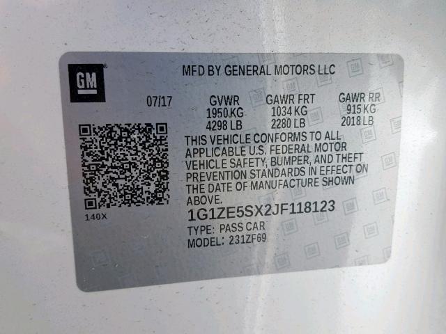 1G1ZE5SX2JF118123 - 2018 CHEVROLET MALIBU PRE WHITE photo 10