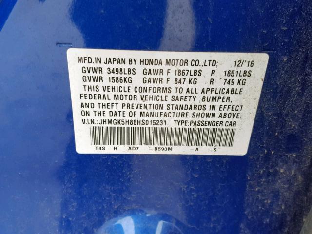 JHMGK5H86HS015231 - 2017 HONDA FIT EX BLUE photo 10