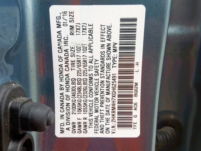 2HKRM4H7XGH625491 - 2016 HONDA CR-V EXL BLUE photo 10