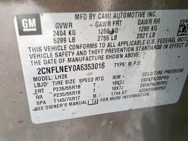 2CNFLNEY0A6353016 - 2010 CHEVROLET EQUINOX LT GRAY photo 10