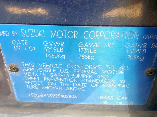 JS2GB41S925402806 - 2002 SUZUKI ESTEEM GL BLUE photo 10