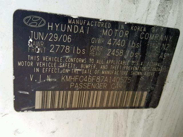 KMHFC46F87A140575 - 2007 HYUNDAI AZERA SE WHITE photo 10