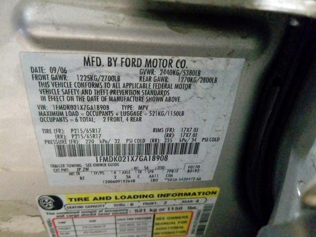 1FMDK021X7GA18908 - 2007 FORD FREESTYLE SEL  photo 10