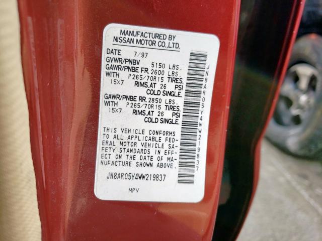 JN8AR05Y4WW219837 - 1998 NISSAN PATHFINDER LE  ფოტო 10