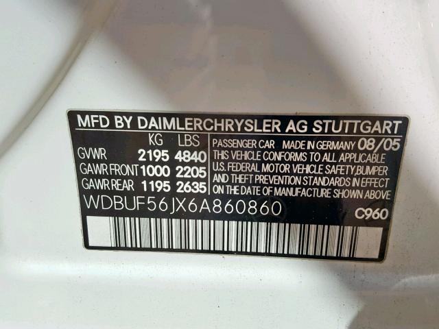 WDBUF56JX6A860860 - 2006 MERCEDES-BENZ E 350 WHITE photo 10