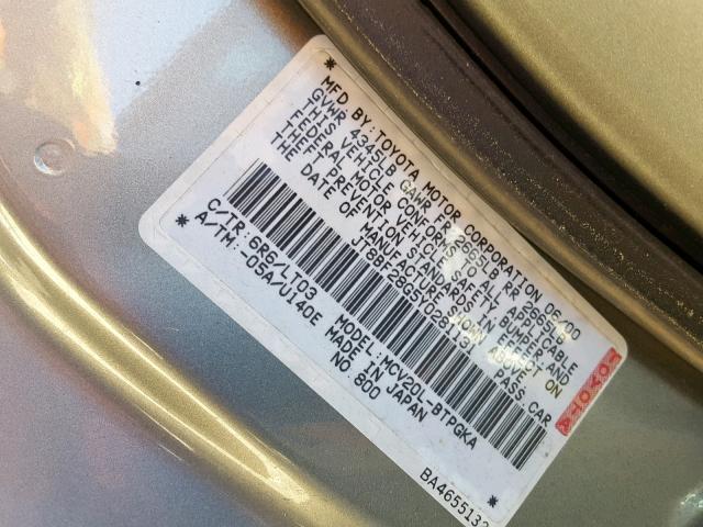 JT8BF28G5Y0281131 - 2000 LEXUS ES 300 GRAY photo 10