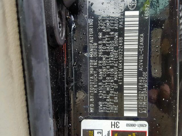 4T1BE46K49U322488 - 2009 TOYOTA CAMRY BASE BLACK photo 10