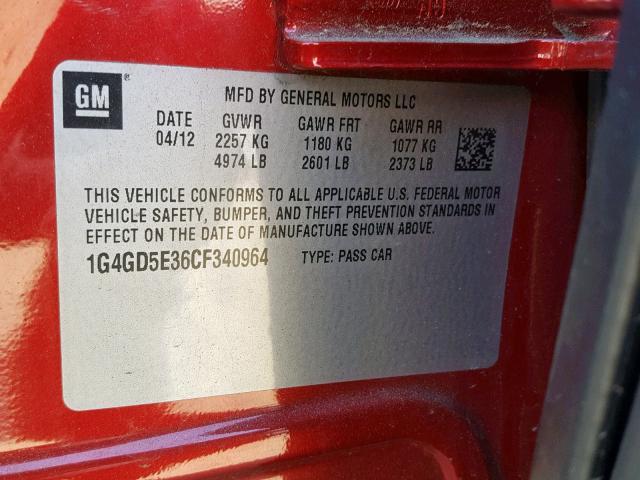 1G4GD5E36CF340964 - 2012 BUICK LACROSSE P RED photo 10