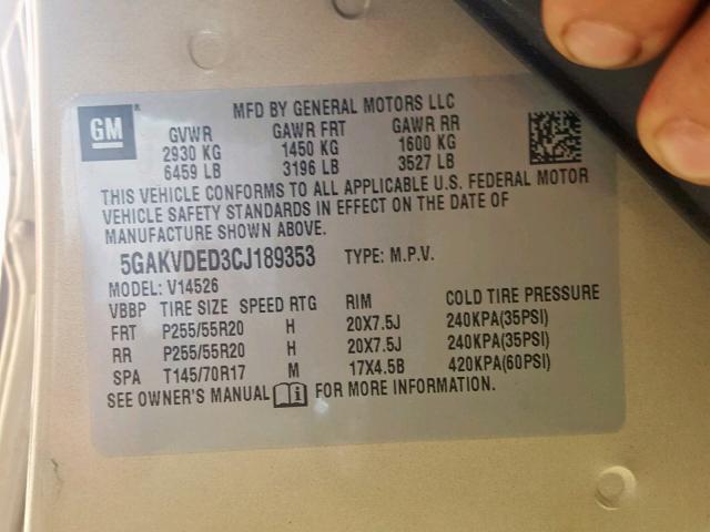 5GAKVDED3CJ189353 - 2012 BUICK ENCLAVE GRAY photo 10