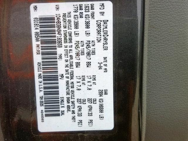 1D4HB38N94F183659 - 2004 DODGE DURANGO ST GRAY photo 10