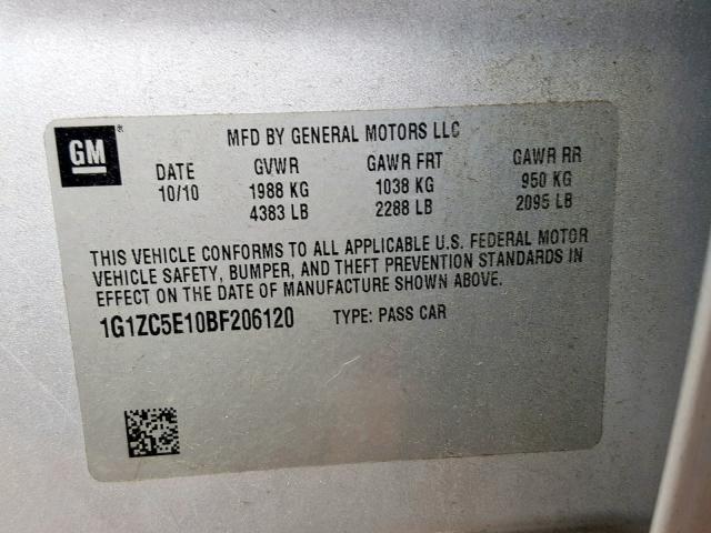 1G1ZC5E10BF206120 - 2011 CHEVROLET MALIBU 1LT 银色 照片 10